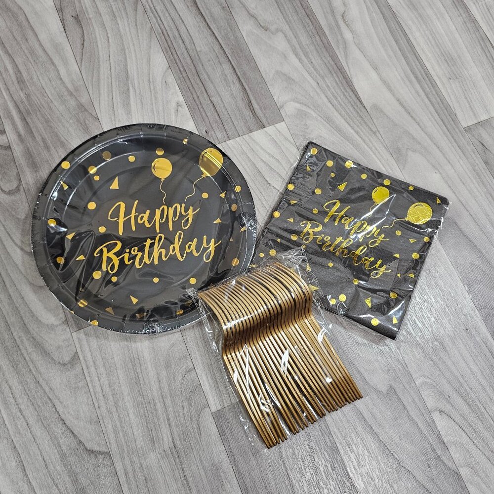 75 pcs Birthday Party Set Disposable Plates Napkins Forks Black and Gold